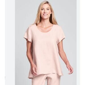 FLAX 100% Linen Blossom Tunic Top S Pink Button Back Lagenlook Coastal Relaxed